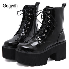 Woman's Lace Up Chunky Wedge Platform Boots Black Shiny Faux Patent Leather Goth Ankle Boots