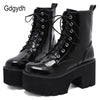 Woman's Lace Up Chunky Wedge Platform Boots Black Shiny Faux Patent Leather Goth Ankle Boots