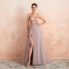 Sexy Spaghetti Strap Evening Dress Long Slit Corset Prom Dress