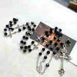 Black Crystal Long Pendant Rosary Necklace