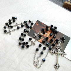 Black Crystal Long Pendant Rosary Necklace
