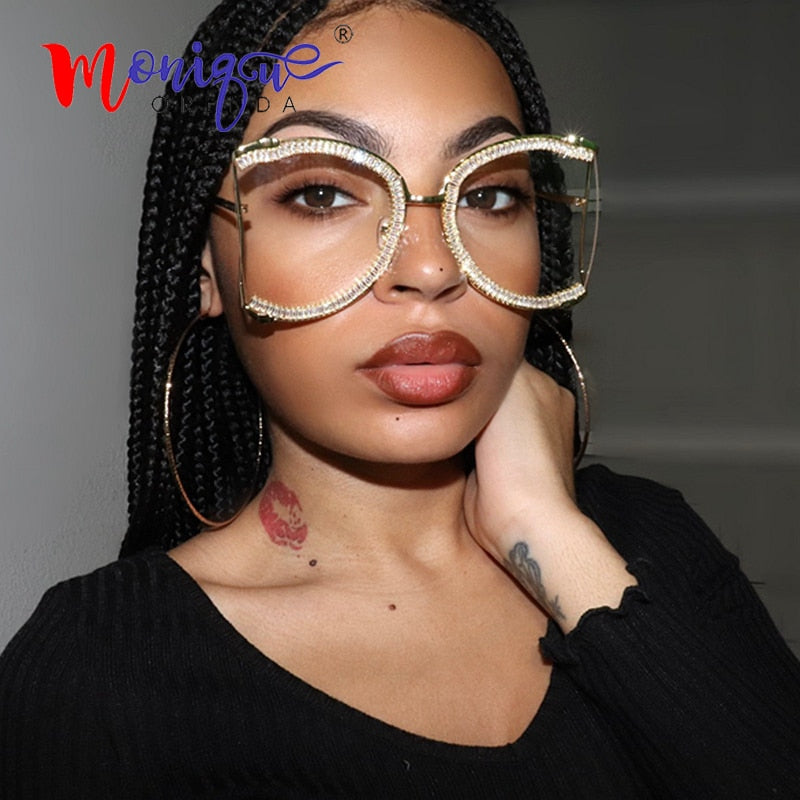 Luxury Crystal Rhinestone Sunglasses Women Fashion Oversized Ladies Glasses