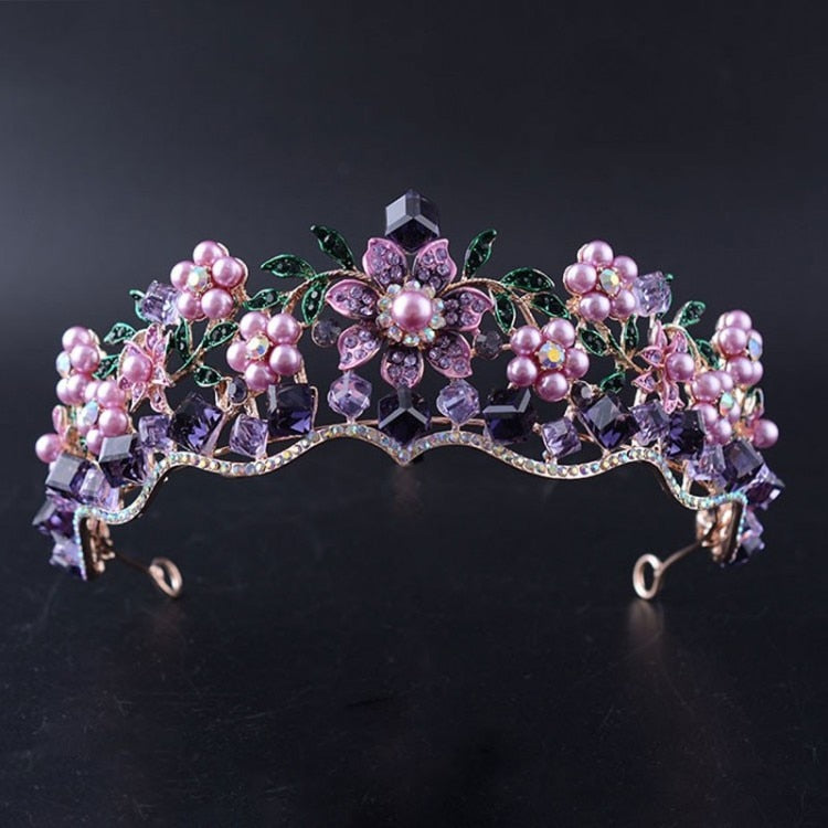 Luxury Baroque Purple Crystal Pearl Bridal Crown Tiara