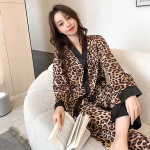 Luxury Sleepwear Silk Pajamas Leopard Design