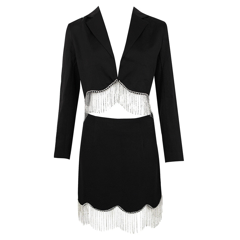 Sexy Rhinestone Tassel High Waist Short Suit Jacket + Mini Skirt 2 Piece Set