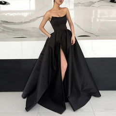 Long Satin Prom Dress Evening Ball Gown Strapless Corset High Slit Dress