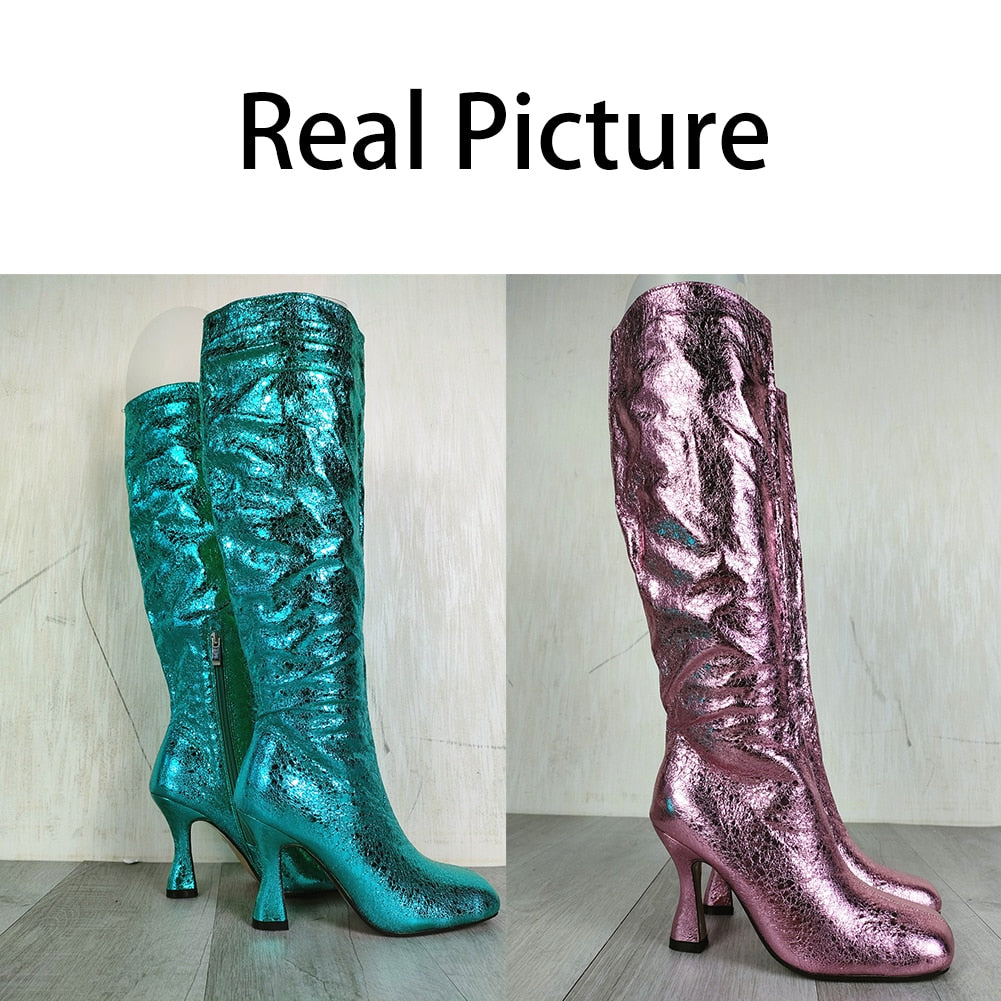 Bling Fashion Chunky Heel Shiny Boots