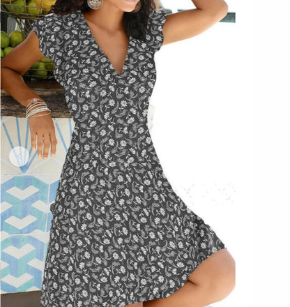 Women's Summer V-Neck Floral Print Party Dress Vintage Style (S-2XL)