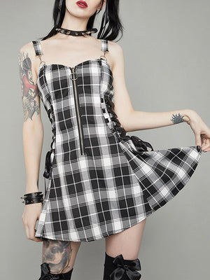 Gothic Plaid Bandage Mini Dress Sleeveless Zipper