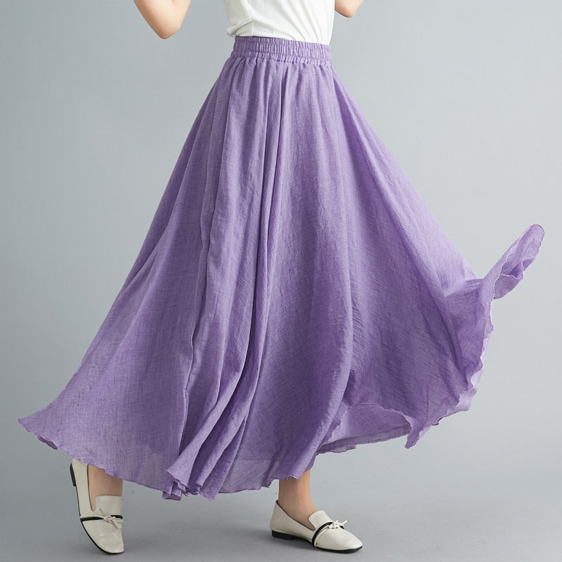 Women's Cotton Linen Long Skirt Elastic High Waist Double Layer Skirt