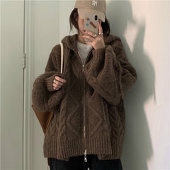 Autumn Winter Over-sized Knitted Cardigan Casual Hooded