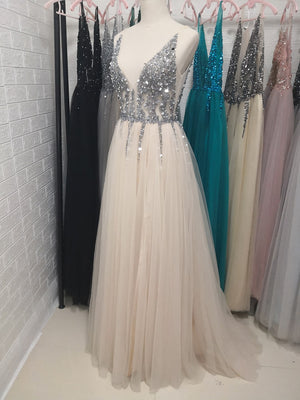 Light Gray High Split Tulle Sleeveless Evening Gown Prom Dress