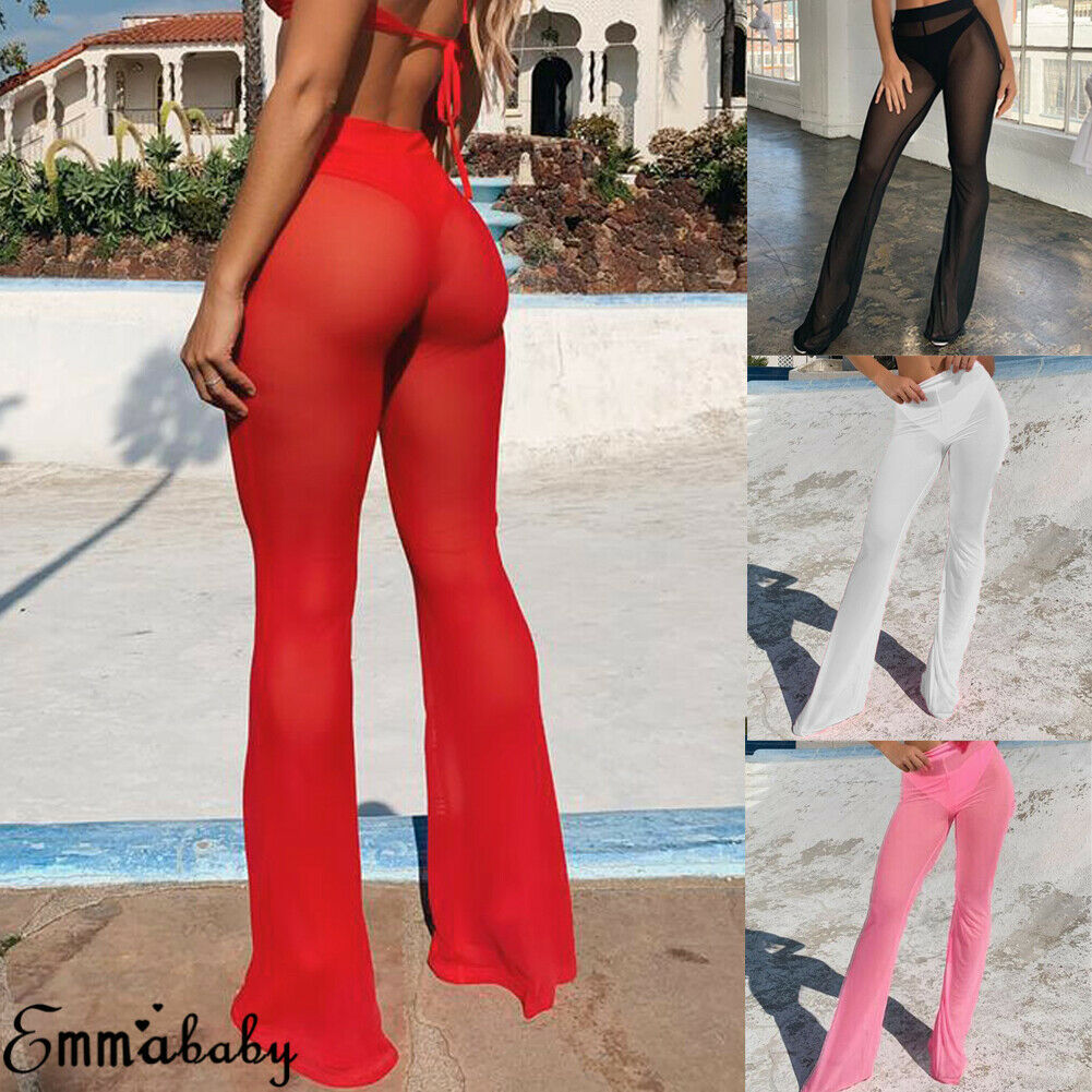 Women's Beach Mesh Sheer Pants See Through Cover Up Bikini Trousers