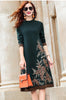 Women's Embroidered Knitted Long Sleeve Dress Thin Round Neck