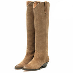 Women's Western Cowboy Boots Genuine Suede Leather Knee-High Pointy Vintage Boots