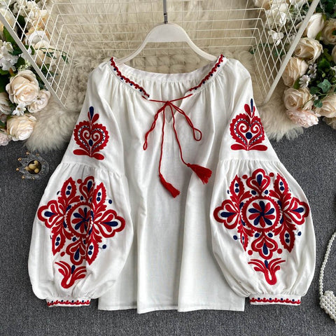 Lantern Sleeve Embroidered Blouse Women Retro V-Neck Casual Elegant Spring Fashion Top