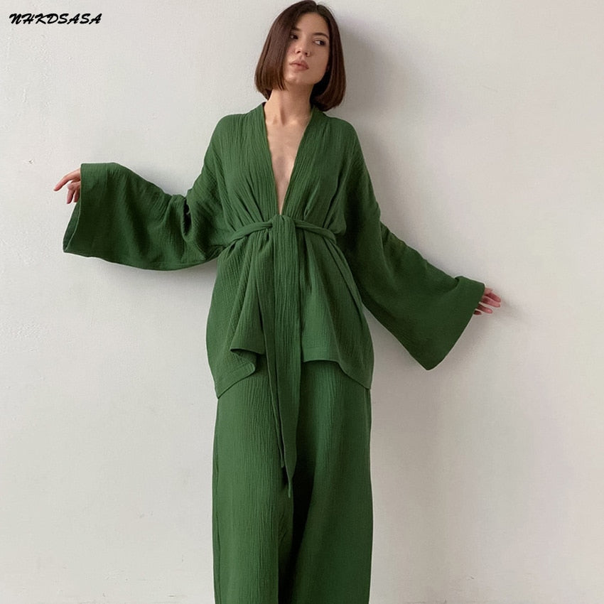 Women's Kimono Style Pajamas Cotton Long Drop Sleeve Flared Pajama Set