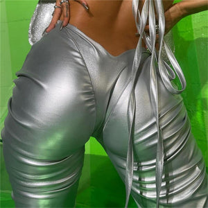 Solid Faux Leather Shiny Women Pants Irregular Shape