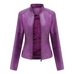 Women's Faux Leather Jacket Spring Autumn Motorcycle Style Stand-up Collar Jacket