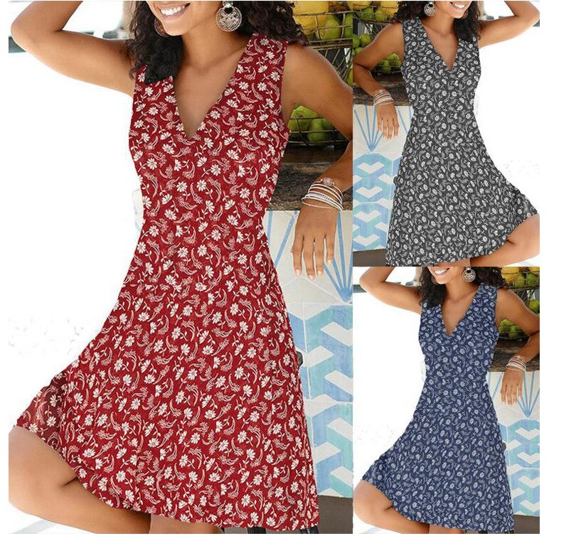 Women's Summer V-Neck Floral Print Party Dress Vintage Style (S-2XL)