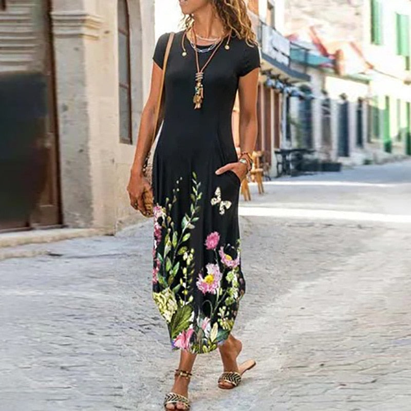 Women's Summer Floral Print Bohemian Dress Short Sleeve A-Line Dress Plus Sizes