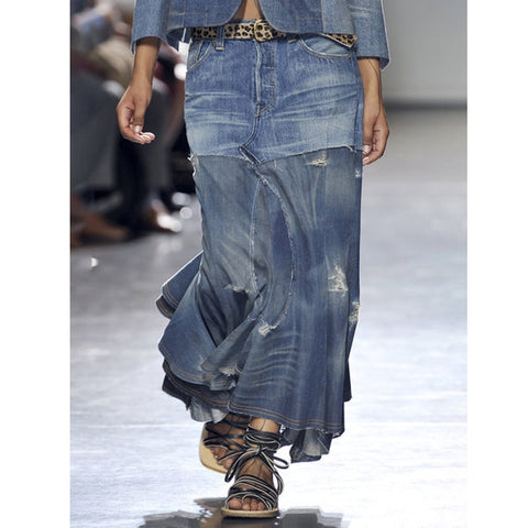 Denim Maxi Skirt Women Stretch Vintage Slim Fit Casual Everyday Fashion Skirt