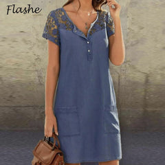 Denim Lace Summer Dress Women's Short Sleeve V Neck Button Pocket Party Dress