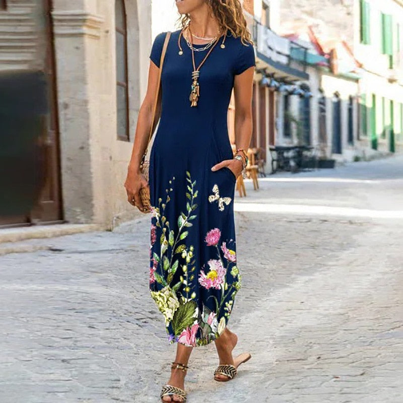 Women's Summer Floral Print Bohemian Dress Short Sleeve A-Line Dress Plus Sizes