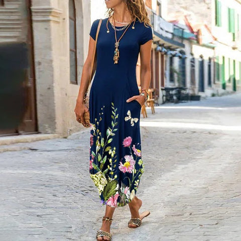 floral print, short-sleeved, A-line bohemian dress blue