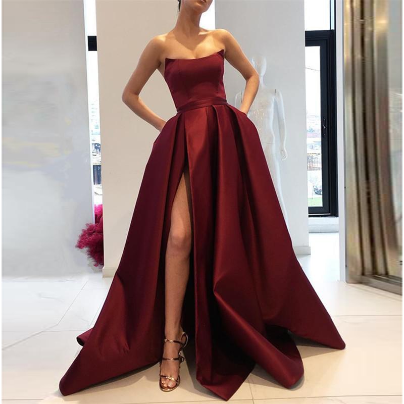 Long Satin Prom Dress Evening Ball Gown Strapless Corset High Slit Dress