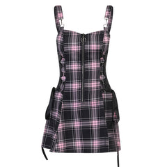 Gothic Plaid Bandage Mini Dress Sleeveless Zipper