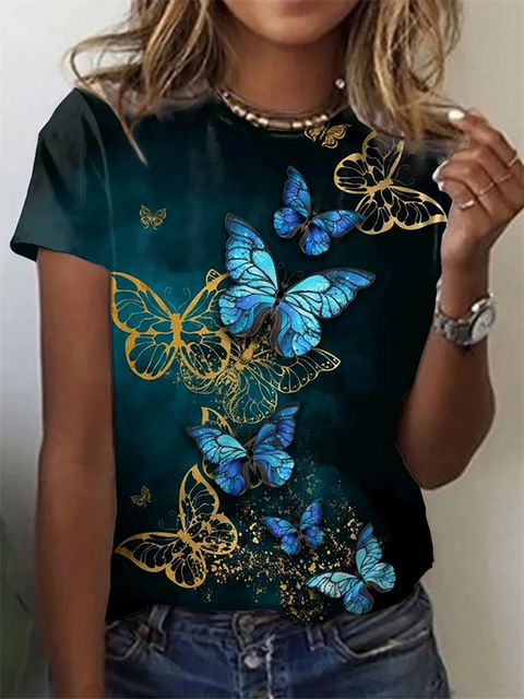 V-Neck Print T-Shirt Women Short Sleeve Loose Casual Comfortable Everyday Summer Fashion Top