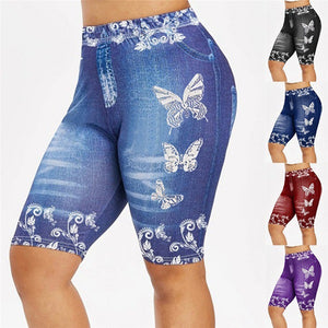 Women's Faux Denim Butterfly Print Short Leggings Running Tights Yoga Shorts