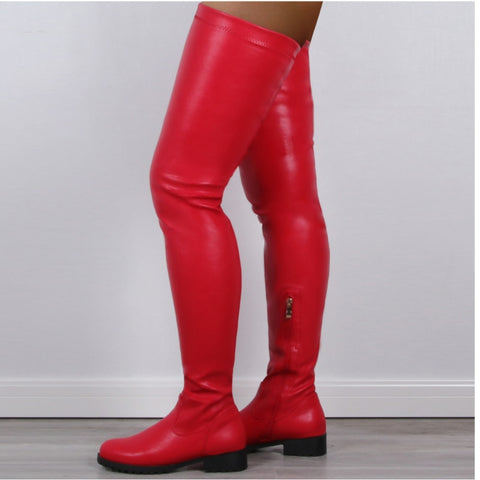 PU Leather Over Knee Boots Women Low Heel Comfortable Casual Autumn Fashion Shoes