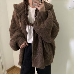 Autumn Winter Over-sized Knitted Cardigan Casual Hooded