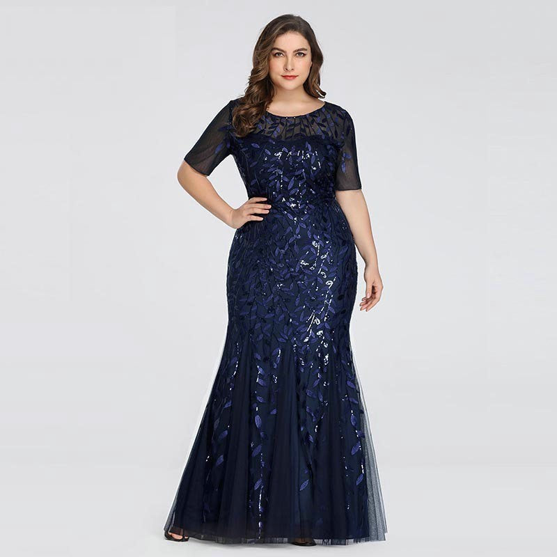 Plus Size Evening Dress Sequin Mesh Fishtail Slim Elegant Maxi Prom Wedding