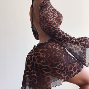 Women's Party Mini Dress Long Sleeve Sexy Open Back Leopard Sheath Dress