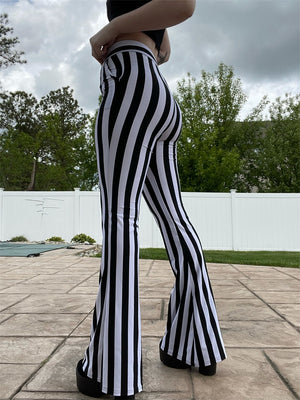 Vertical Striped Slim Fitted Long Flare Pants Stretchy Leggings Bell Bottom Gothic