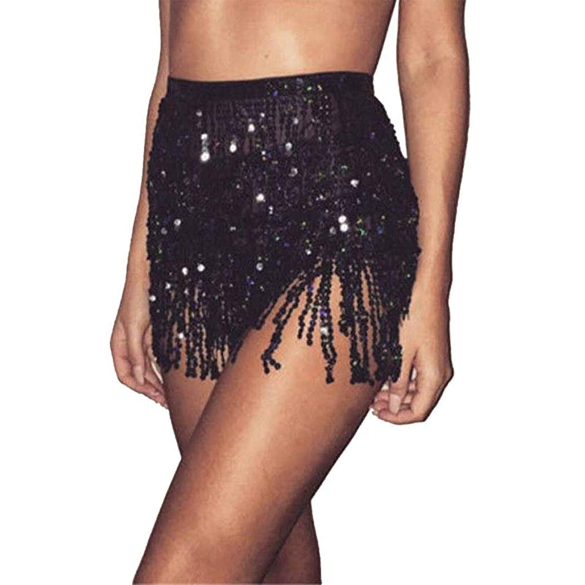 Women's Colored Tassel Sequin Skirt Sarong Fringe Skirt Wrap Tie Up Glitter Dance Skirt