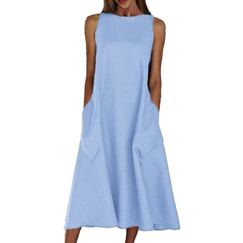 Sleeveless Vintage Midi Dress Women Loose Casual Pockets Beach Vacation Summer Fashion Dress