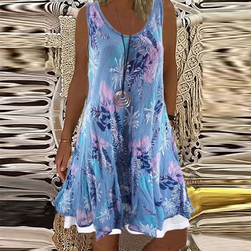 Women's Plus Sizes S-5XL Casual Floral Print Loose A-Line Midi Summer Dress Sleeveless
