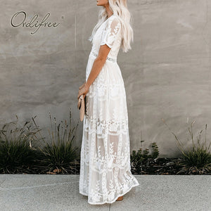 Loose Embroidery White Lace Long Tunic Beach Dress Maxi