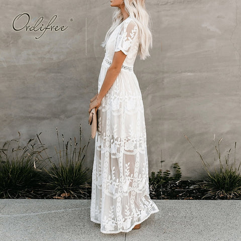 White Lace Embroidered Maxi Beach Dress Women Loose Long Tunic Casual Summer Fashion