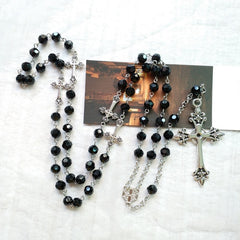 Black Crystal Long Pendant Rosary Necklace