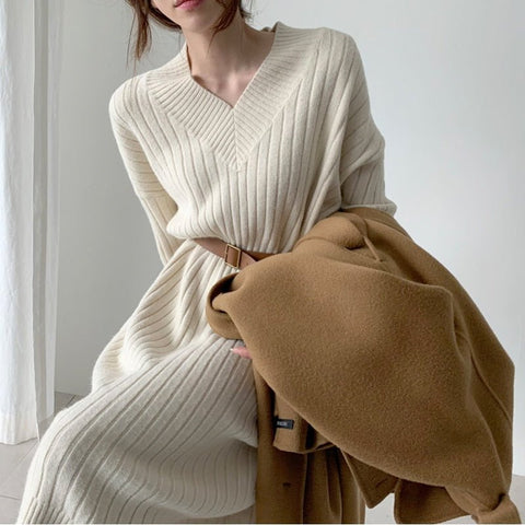 Long Sleeve Knitted Sweater Dress Women Loose Warm Casual Elegant Winter Fashion Dress