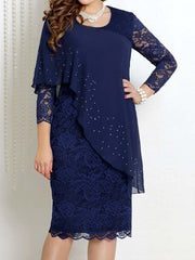 Plus Size Elegant Dress Ruffle Patchwork Mesh Lace 3/4 Sleeve Dress