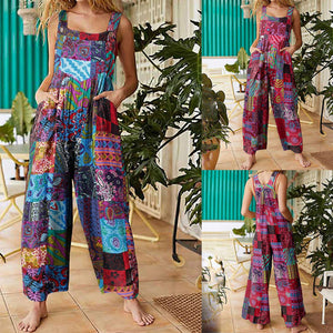 Women's Ethnic Style  Jumpsuits Summer Overalls Multicolor  Square Neck Sleeveless Casual Rompers with Pockets