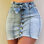 Women's Summer High Waist Denim Skirt Slim Mini Skirt Lace Up Buttons Patchwork
