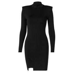 Women Spring Autumn Long Sleeve Bodycon Black Mini Dress With Slit