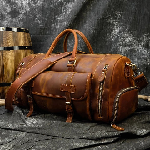Genuine Leather Duffel Bag Full Grain Cowhide Shoe Compartment Weekender Travel Carryall Bag